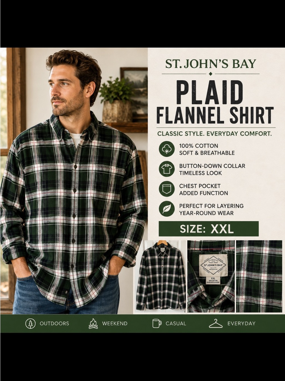 St. John's Bay Men's Green and White Plaid Flannel Button-Down Shirt